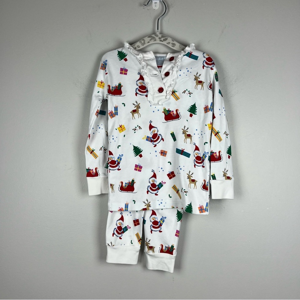 Little English Christmas Santa 2 Piece White Pajamas Top & Pants Pima Cotton 4T